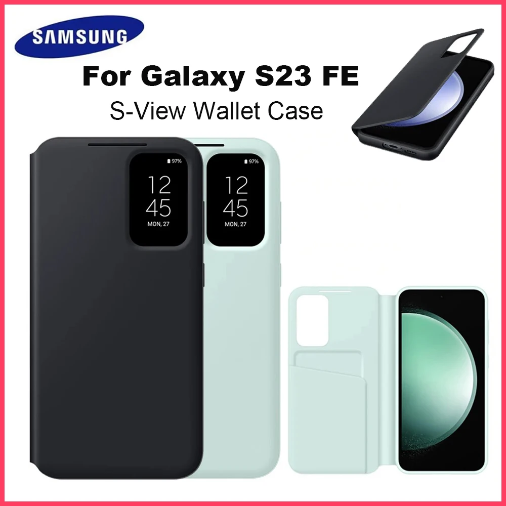 

Original Samsung S-View Wallet Phone Case for Galaxy S23FE with Card Holder Slot Smart View Wallet Flip Cover