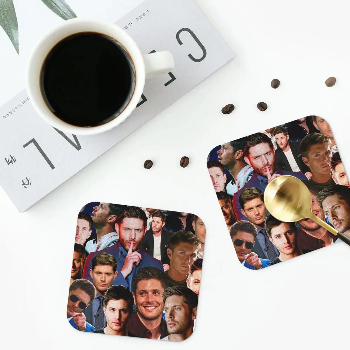 Jensen Ackles Photo Collage Coasters PVC Leather Placemats Waterproof Coffee Mats for Home Kitchen Dining Pads Set of 6