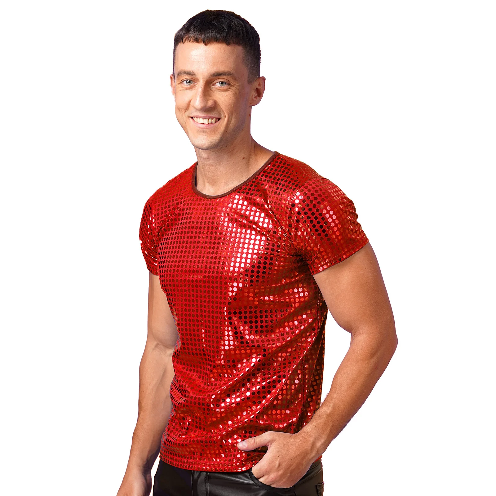 Mens Dance T-Shirt Sparkle Sequin Tops Round Neck Short Sleeve Performance Tops Nightclub Festivals Costumes Clubwear