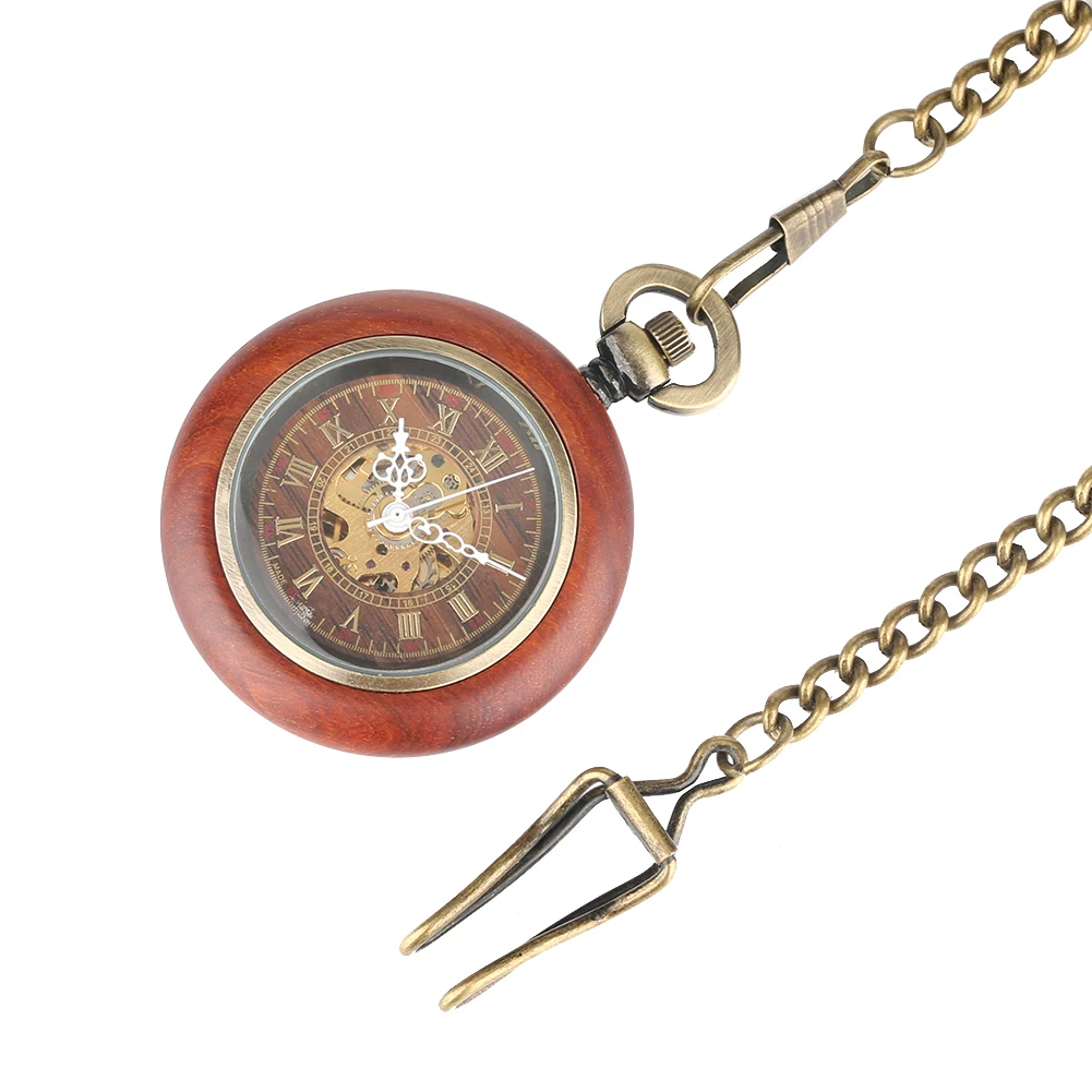 Luxury Retro Red Wood Watch Case Automatic Mechanical Pocket Watch Open Face Men's Pendant Clock Gift with Bronze FOB Chain