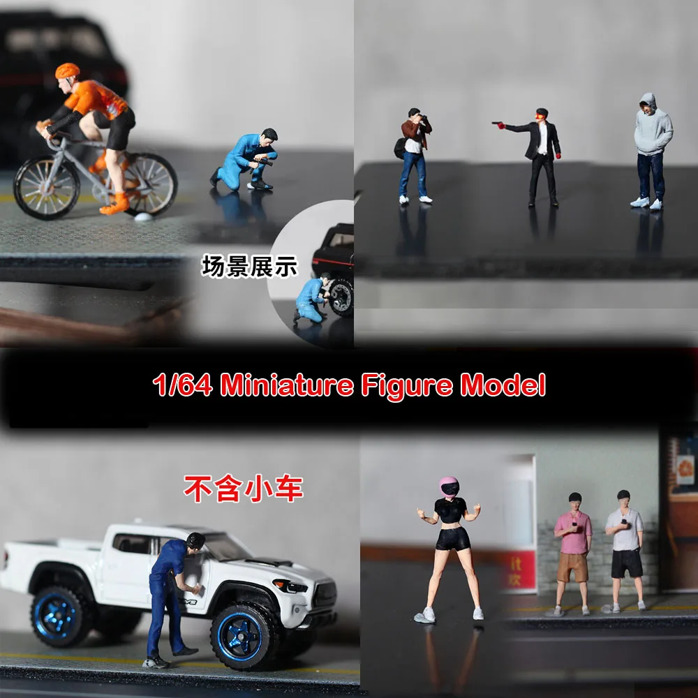 Painted 1/64 Cycling Boy Female rider Auto repair worker Leisure men Miniature Doll Model Mini Figurine Photography Prop Display