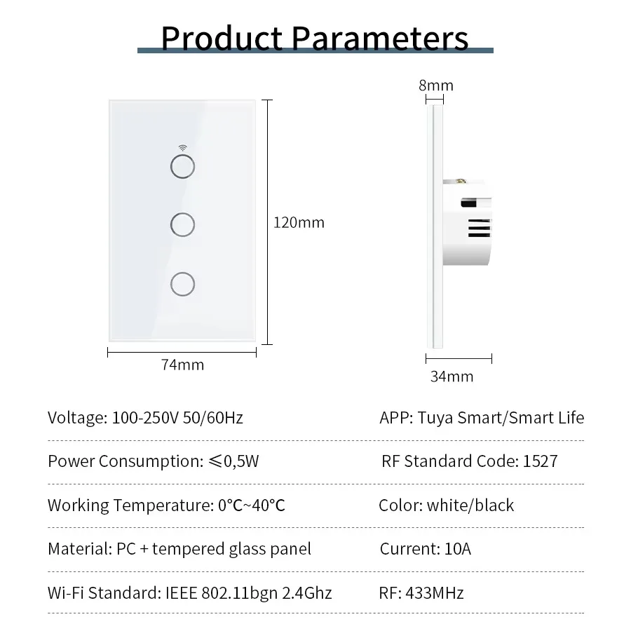 Tuya Smart Switches US Light Switch Neutral Wire/No Neutral Wire Required 1/2/3/4 Gang WiFi Touch Switch Work with Alexa Google