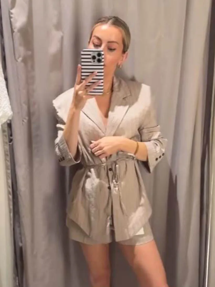 

HH женские шикарные однобортные однобортные пиджаки в полоску с лацканами и длинными рукавами, дизайнерские пиджаки, пальто + шорты на молнии с карманом на средней талии, комплект из 2 предметов