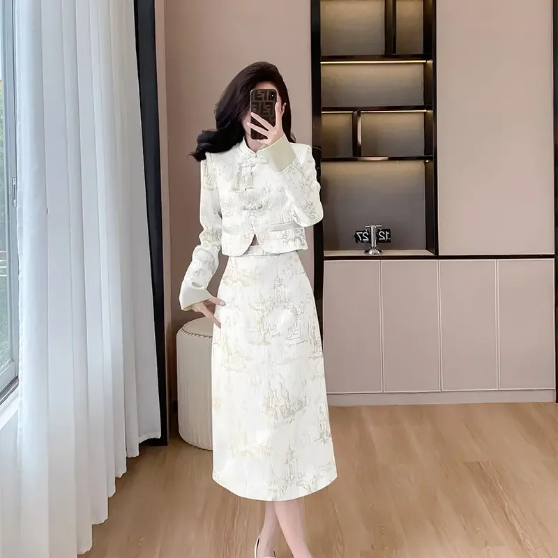 

New Chinese Style Women's Suit Jacket 2024 Spring and Autumn National Style Buckle Short Coat Top High Waist Skirt Two-piece Set