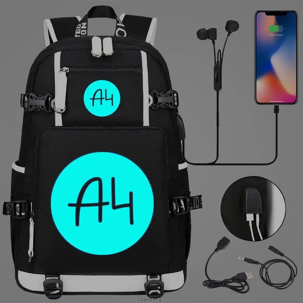 New A4 Luminous USB Charging Backpack Headphone Jack Backpack School Bags Laptop Backpack Schoolbag Black Capacity Backpack