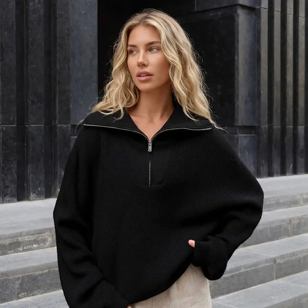 Korean Style Women Half Zip Knit Pullover Lapel Collar Long Sleeve Pullover Loose Fit Soft Sweater For Autumn Winter Daily Wear