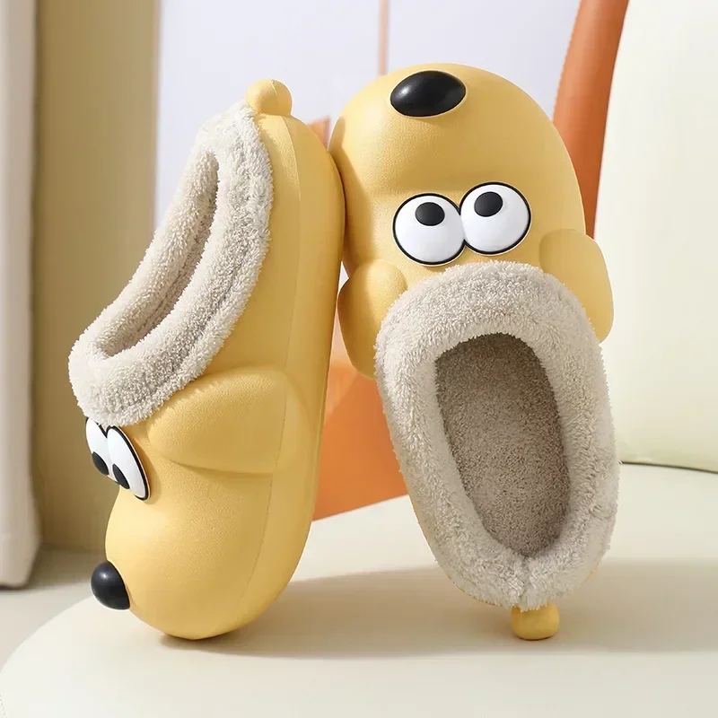 Winter Warm Home Slippers Women Cartoon Dog Waterproof Slippers Men Indoor Cotton Shoes Non-Slips Soft EVA Slippers Couples Shoe