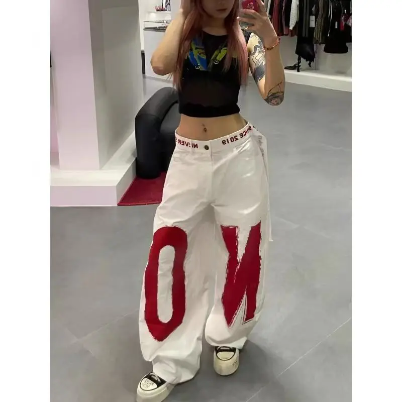 American street simple retro design large letter print women overalls men and w…