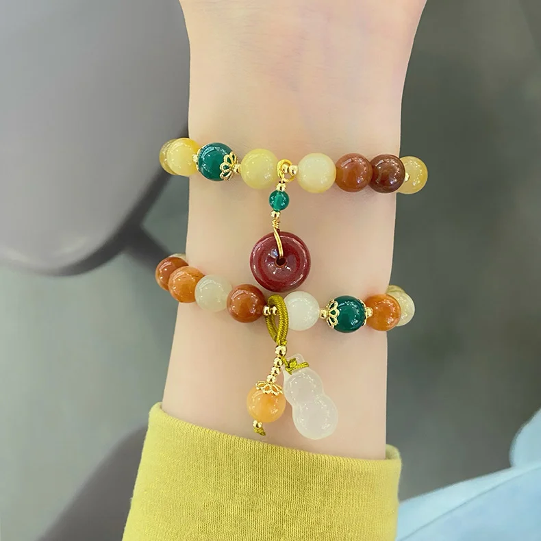 New Gold Silk Jade Gourd Bracelet Female Chinese National Wind Multi Treasure Cinnabar Safety Clasp