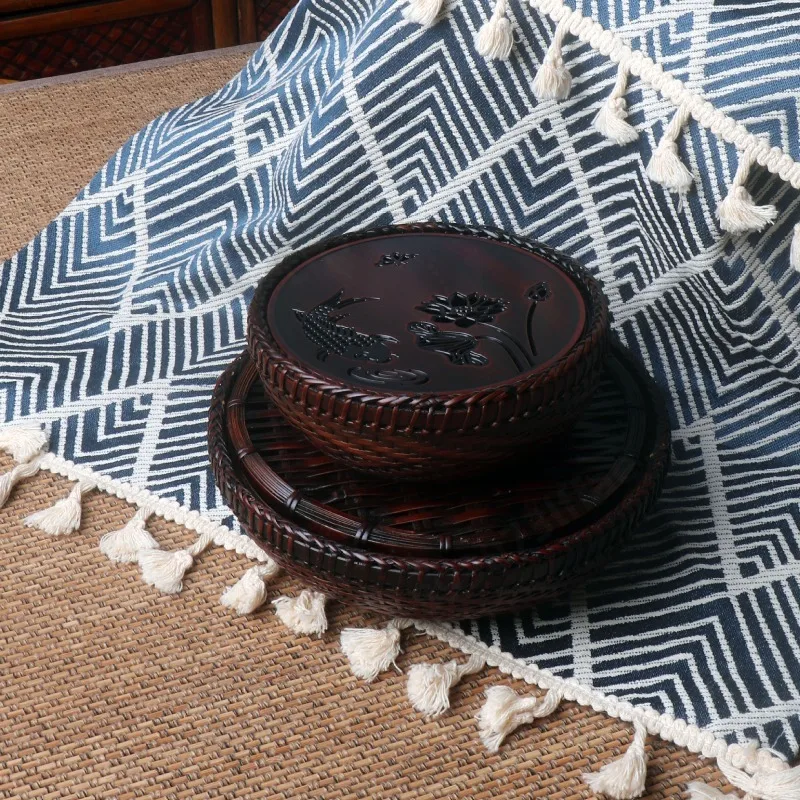 Handmade Lacquer Bamboo Pot Mat Round Tea Tray Dry Brew Platform Teapot Holder Coaster for Tea Ceremony Decor