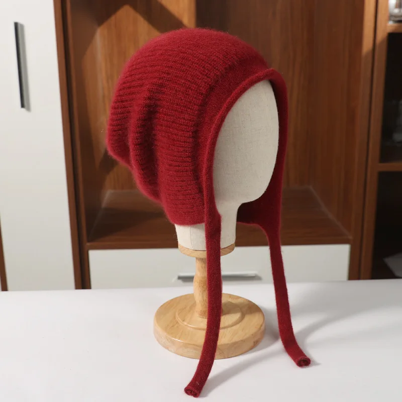 Adult warm Helmet Windproof Hat Ear Protection Winter Knit Beanies Solid Colors Wool Blend Cute Lovely Cap Beige Black Skullies