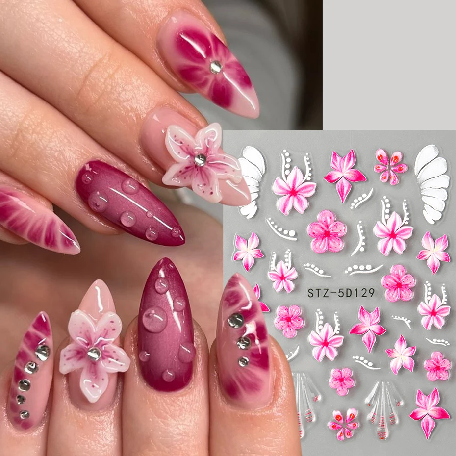 2 uds 5D en relieve rosa vino rojo pegatinas de flores para uñas orquídea Plumeria adhesivo Floral pegatinas de uñas verano océano pétalo encantos