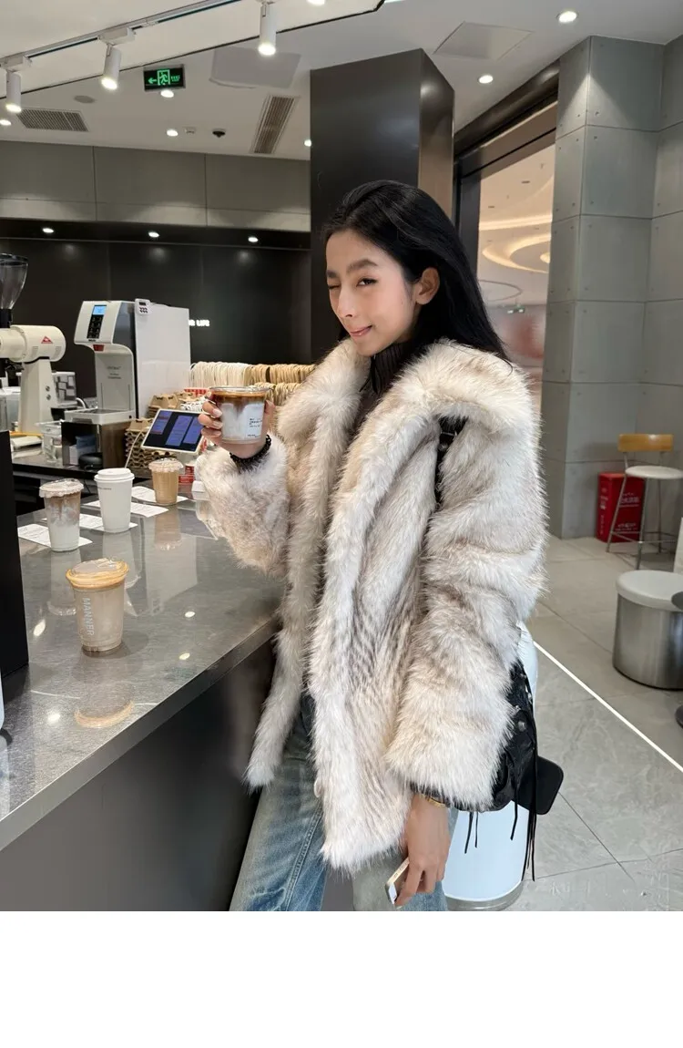 Winter Women Gradient White With Black Tips Long Hairy Shaggy Fox Faux Fur Coat Lapel Collar Midi Long Straight Shaggy Outerwear