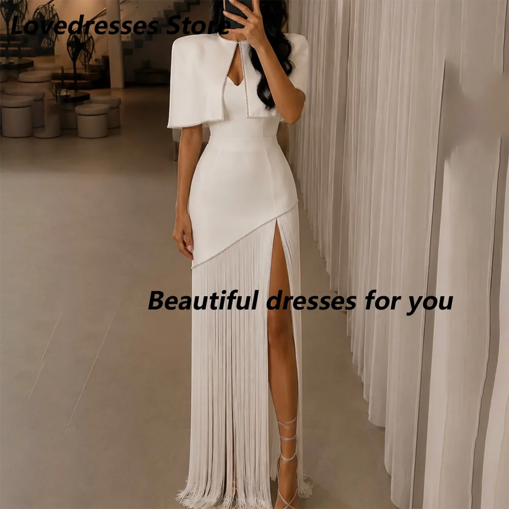 

Elegant White Evening Dress Customized O-Neck Cap Sleeves Tassels A Line Floor Length Evening Gown Sexy Thigh Slit Party Dresses