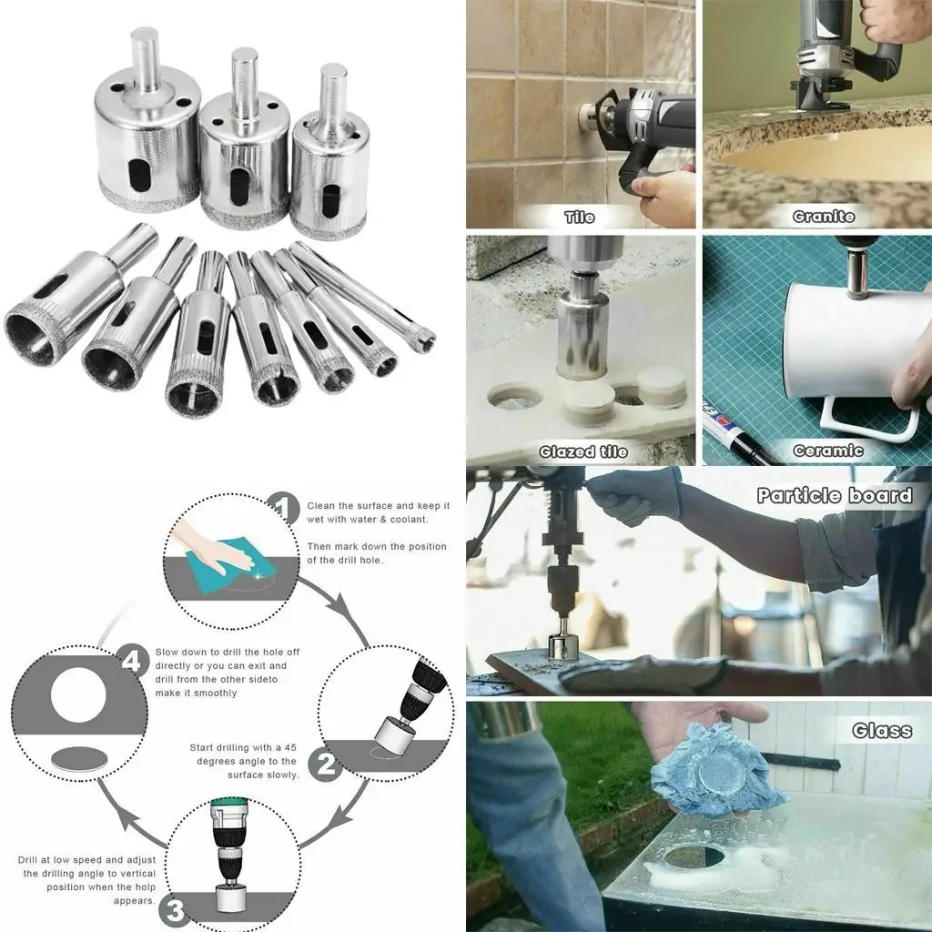 10Pcs Steel Diamond Tools Sets for Ceramics Tiles Grit Hole Silver