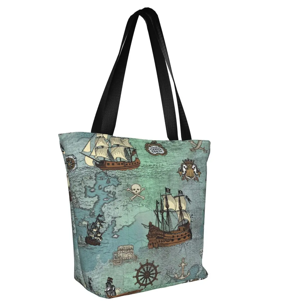 Custom Pirate Map Nautical Sea Print Canvas Shopping Bags Women Durable Grocery Skull Sailor Tote Shopper Bags