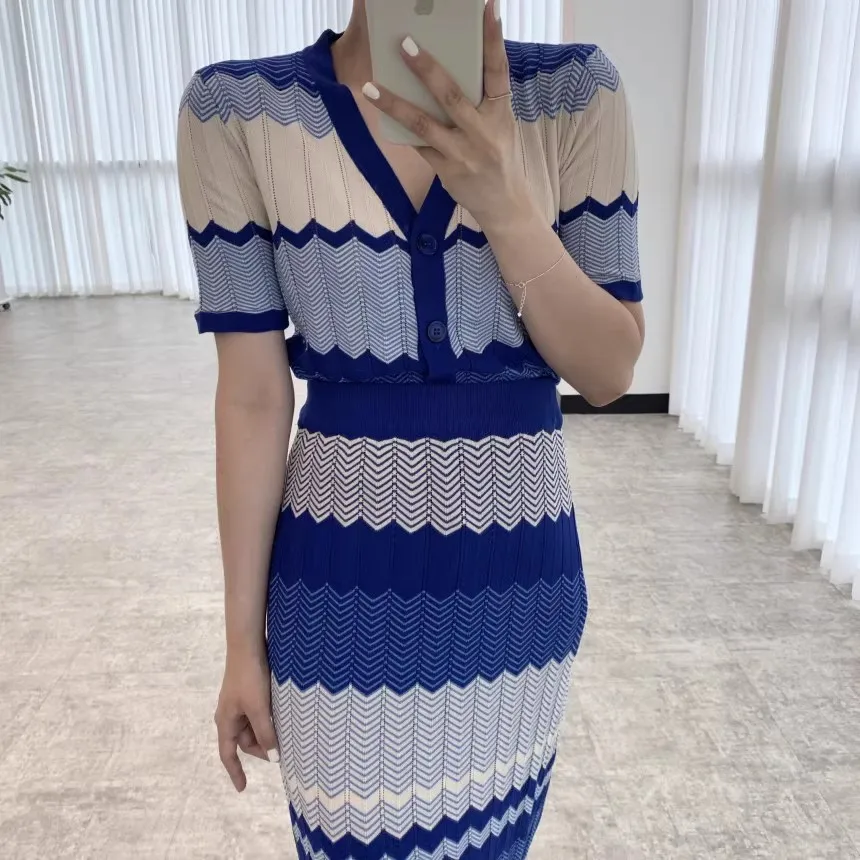 2025 New Two Piece Spring Summer Blue Zigzag Knit Set Women's Matching Top Skirt Luxury Designer Beach Vacation Female Clothing