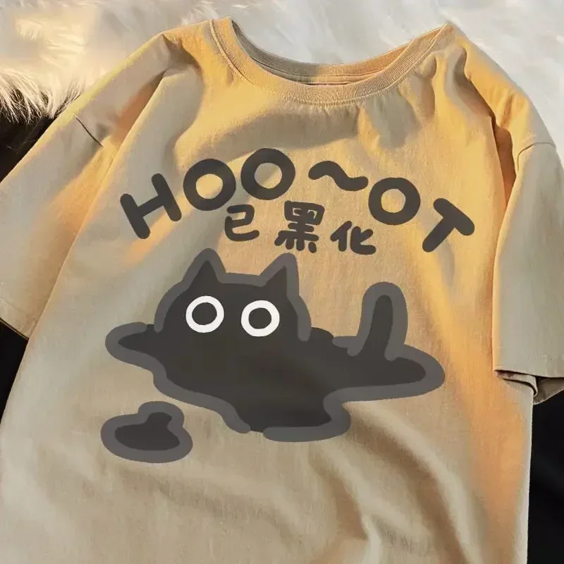 

Simple letter cartoon melted cat pure cotton short sleeved men and women T-shirts breathable loose top fashionable summer top