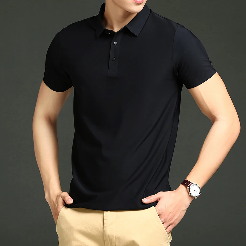 Golf Solid Ice Silk Traceless Silk Loose Polo Shirt Short Sleeve T-shirt Men's Elastic Ironless Thin Polo Neck Light Luxury