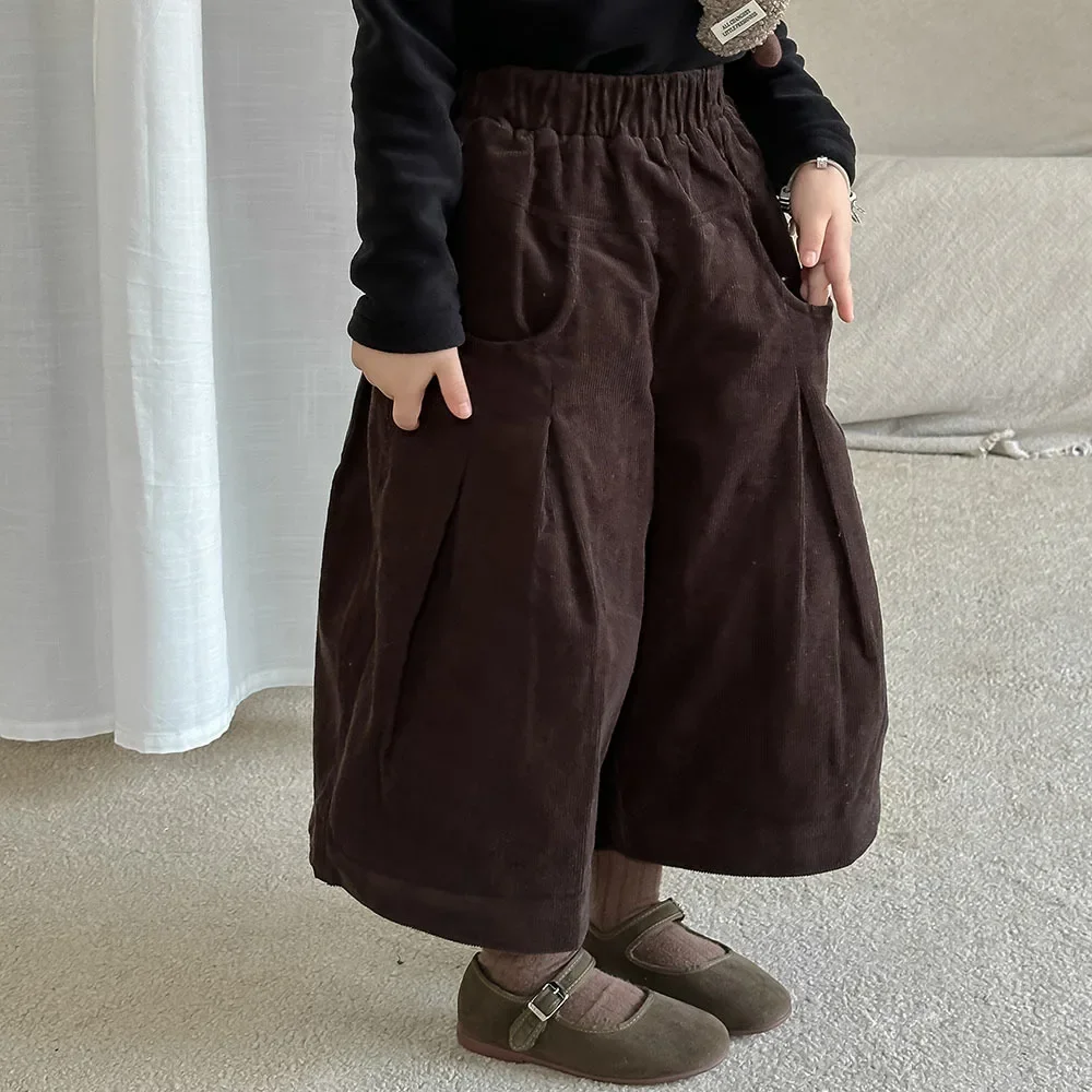 Girl Baby Versatile Velvet Plus Velvet 9-Cent Pants 2024 Winter Girls' Corduroy Wide Leg Pants Bellbottom Pants