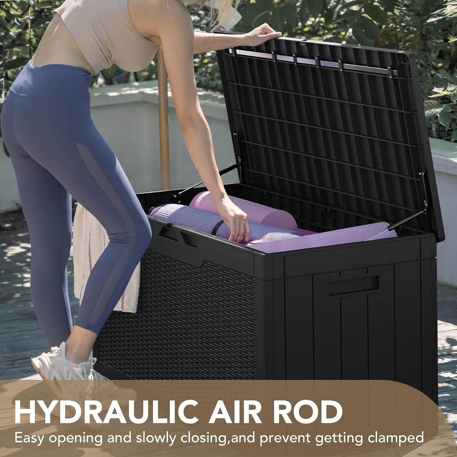Deck Box Outdoor Storage Container Waterproof Patio Cushion Bin Weather Resistant Resin Storage Chest Lockable Pool Toy Box Lawn Equipment Bench, Rattan Pattern 100 Gallon