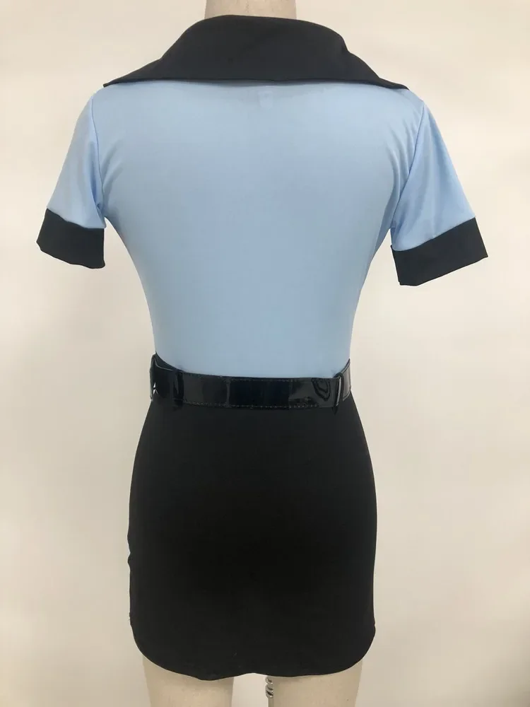 Adult Sexy Blue Splicing Black Female Cop Officer Police Costume Halloween Party Cosplay Policewoman Uniform Suit