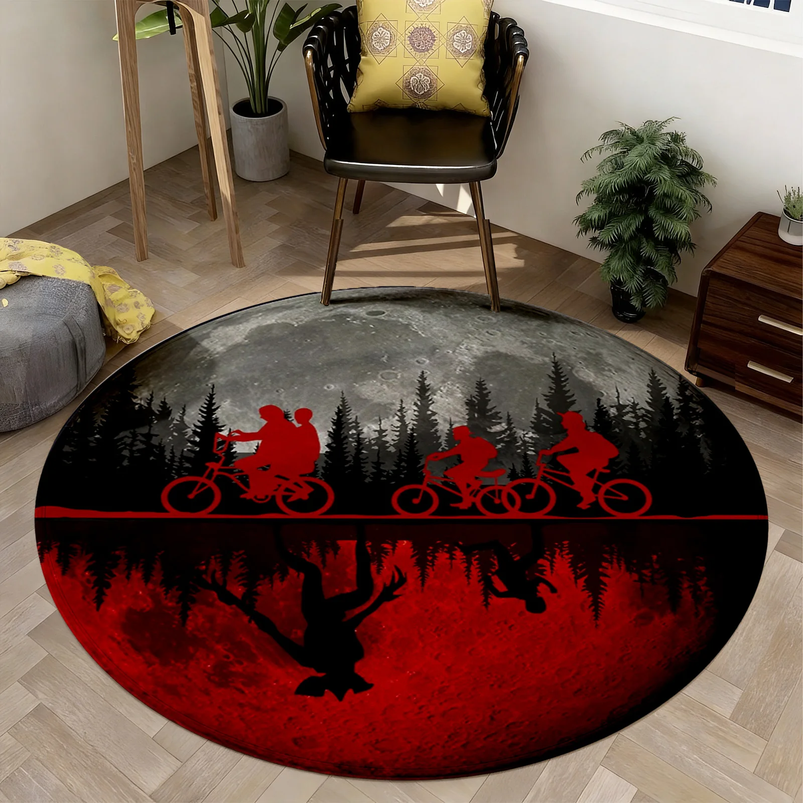 Aesthetic Round Area Rug for Living Room Bike Theme Cycle Silhouette Mat Outdoor Cycling Forest Nature Decoration for Modern Spo