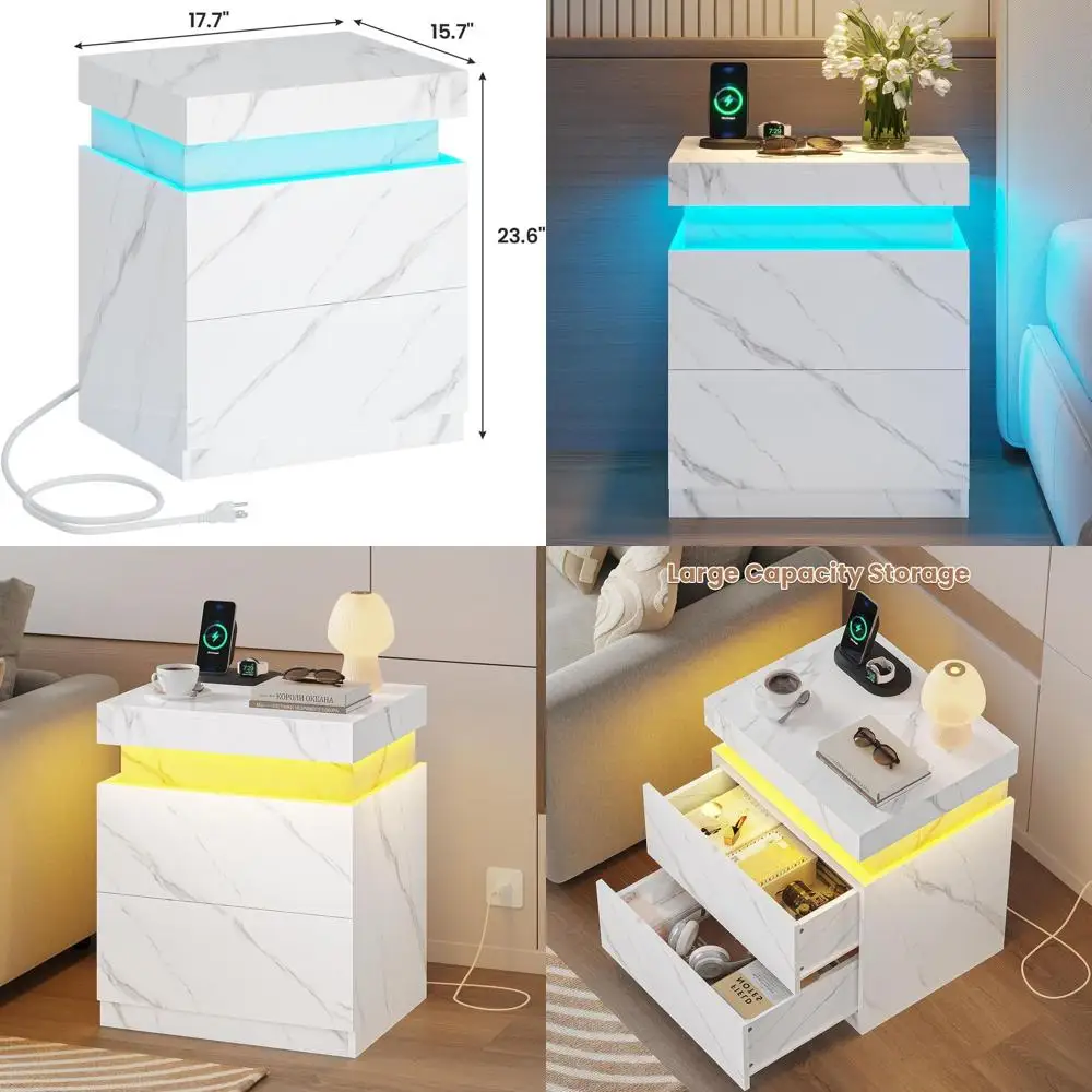 

Прикроватная тумбочка с LED-подсветкой, выдвижной столешницей и двумя ящиками, с элементами из белого мрамора