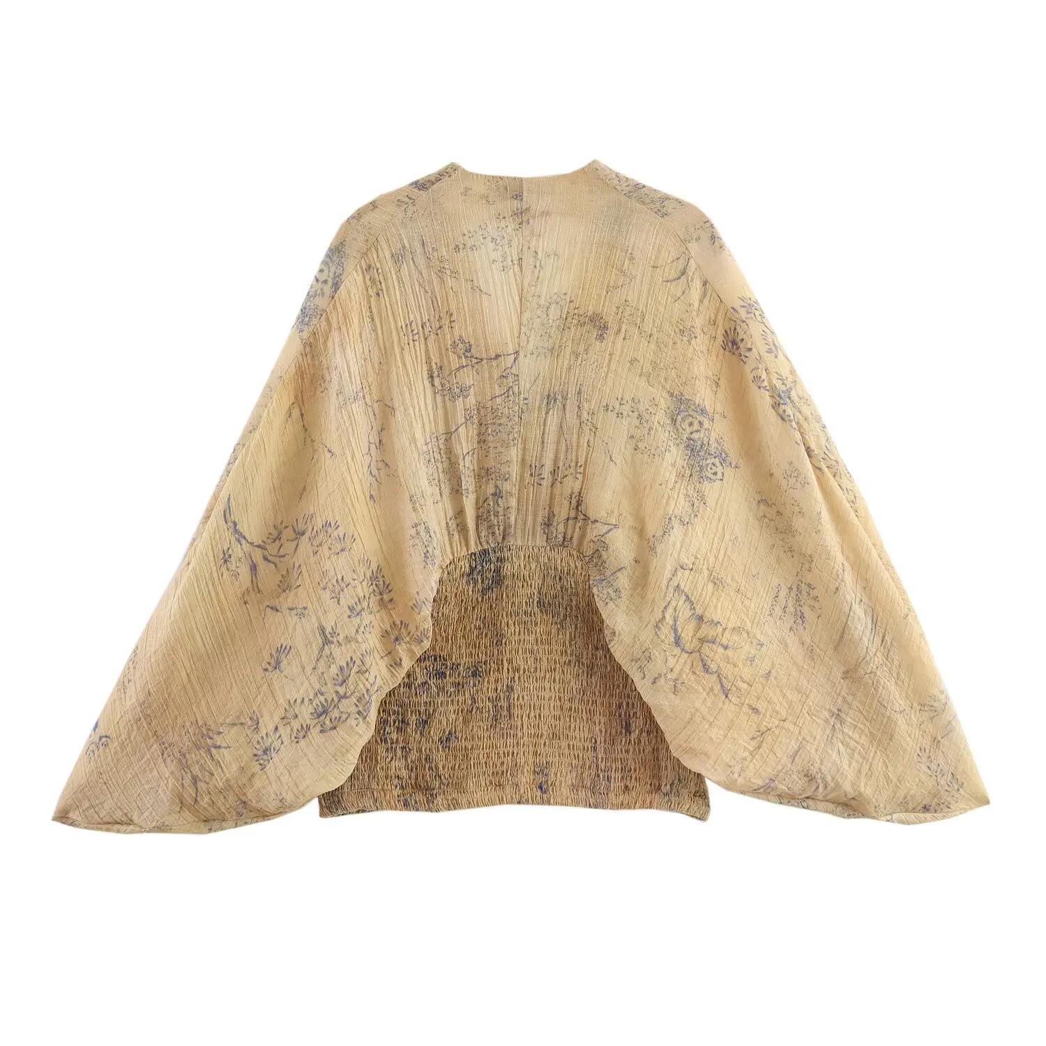 Ladies Elastic Smocked Waist Blouse Vintage Sketch Floral Bird Landscape Print Textured Sheer Chiffon Wide Batwing Sleeve Short