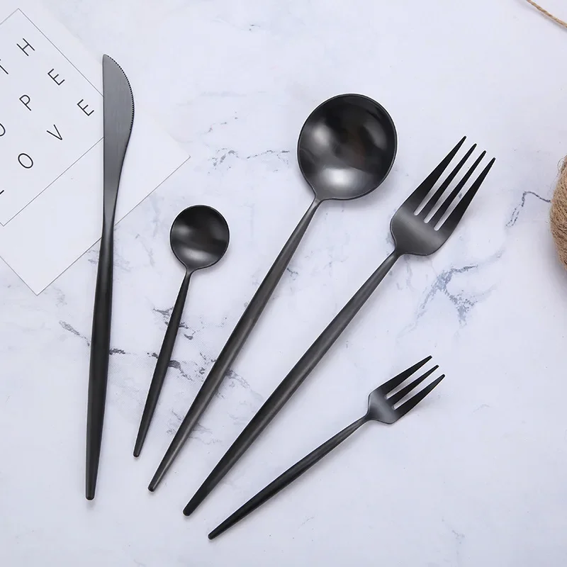 Matte Black 18/10 Stainless Steel Luxury Cutlery Tableware Knife Coffee Ice Spoon Fork Chopsticks Flatware Set Dishwasher Safe