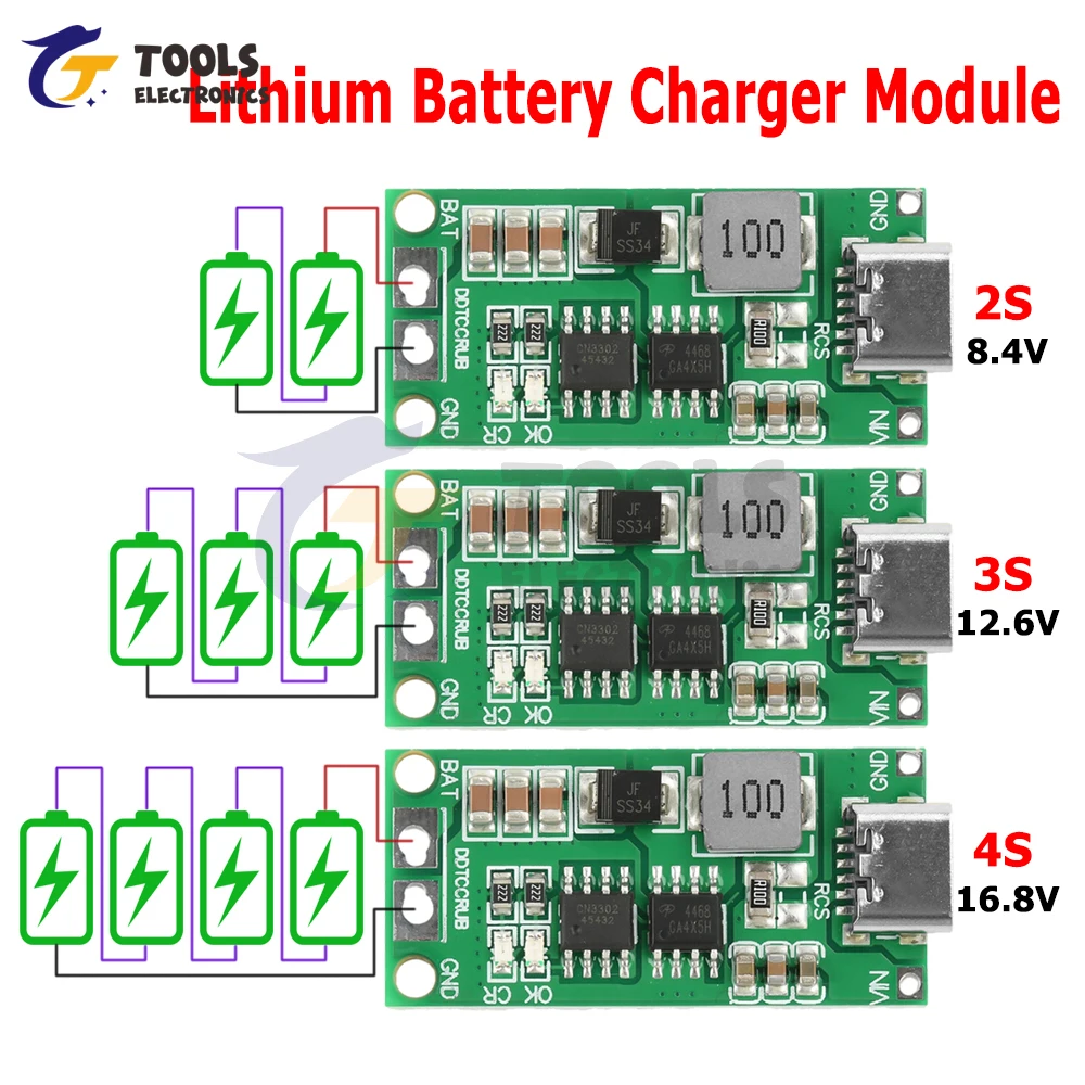 

2S/3S/4S 1-4A Booster Module Lithium Polymer Battery Charger Module Type C DC 3-6V 8.4V 12.6V 16.8V