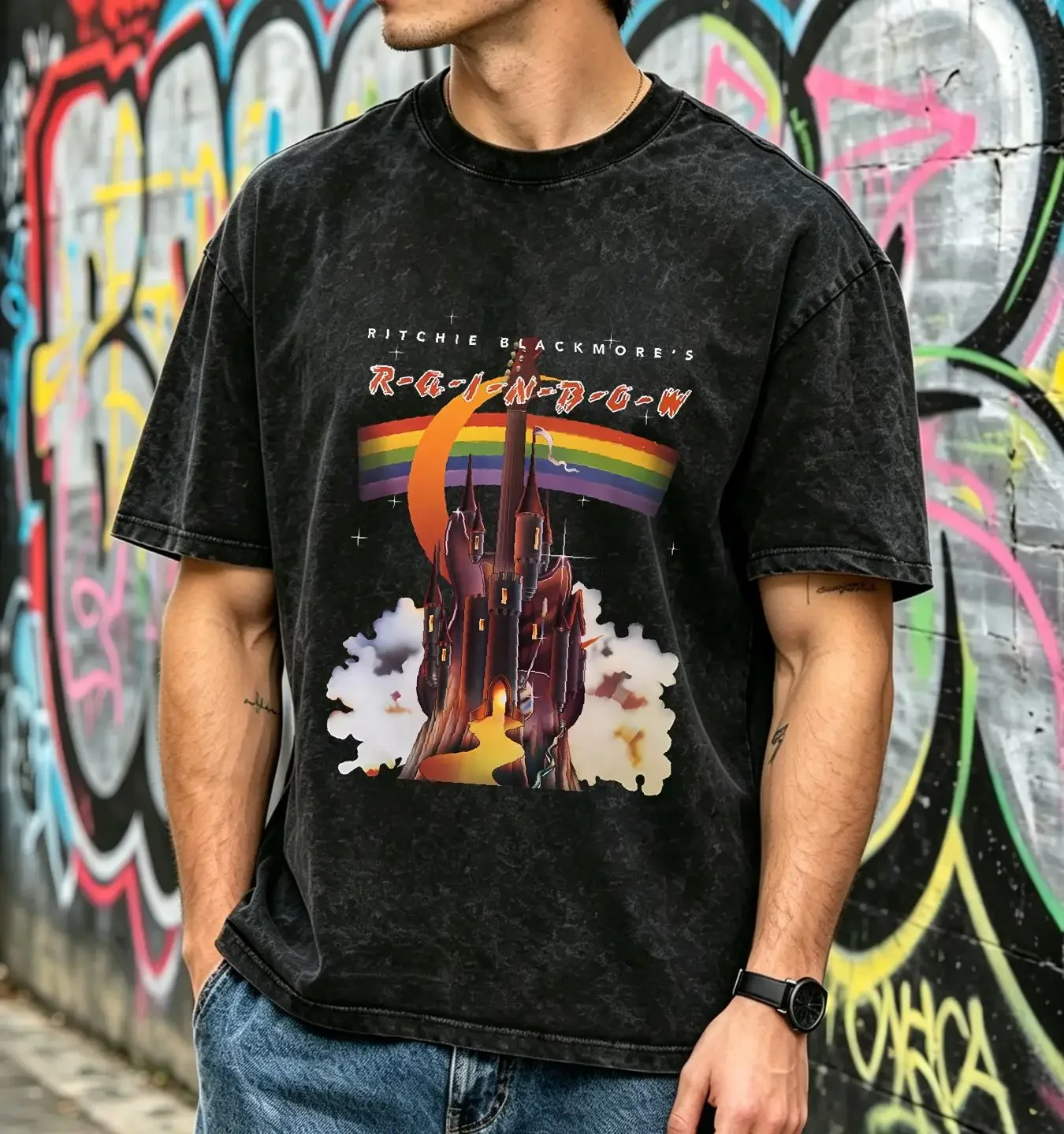 washed T Shirt Rainbow 'Ritchie Blackmore Album' Black NEW OFFICIAL vintage Washed Breathable Casual fashion homme Stylish