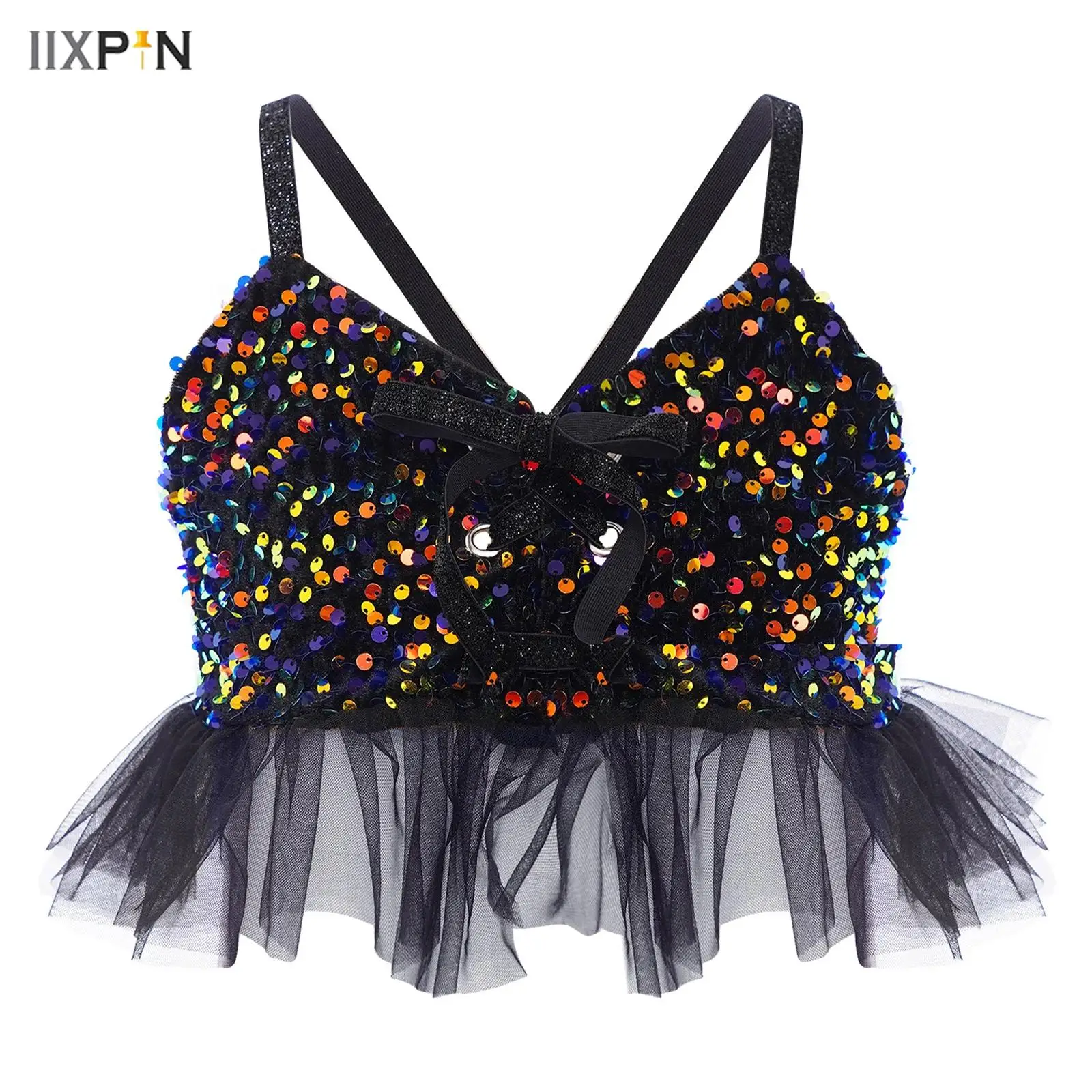 

Kids Girls Jazz Latin Dance Top Sparkling Sequins Velvet Spaghetti Straps Tulle Ruffles Camisole Crop Top Performance Costume
