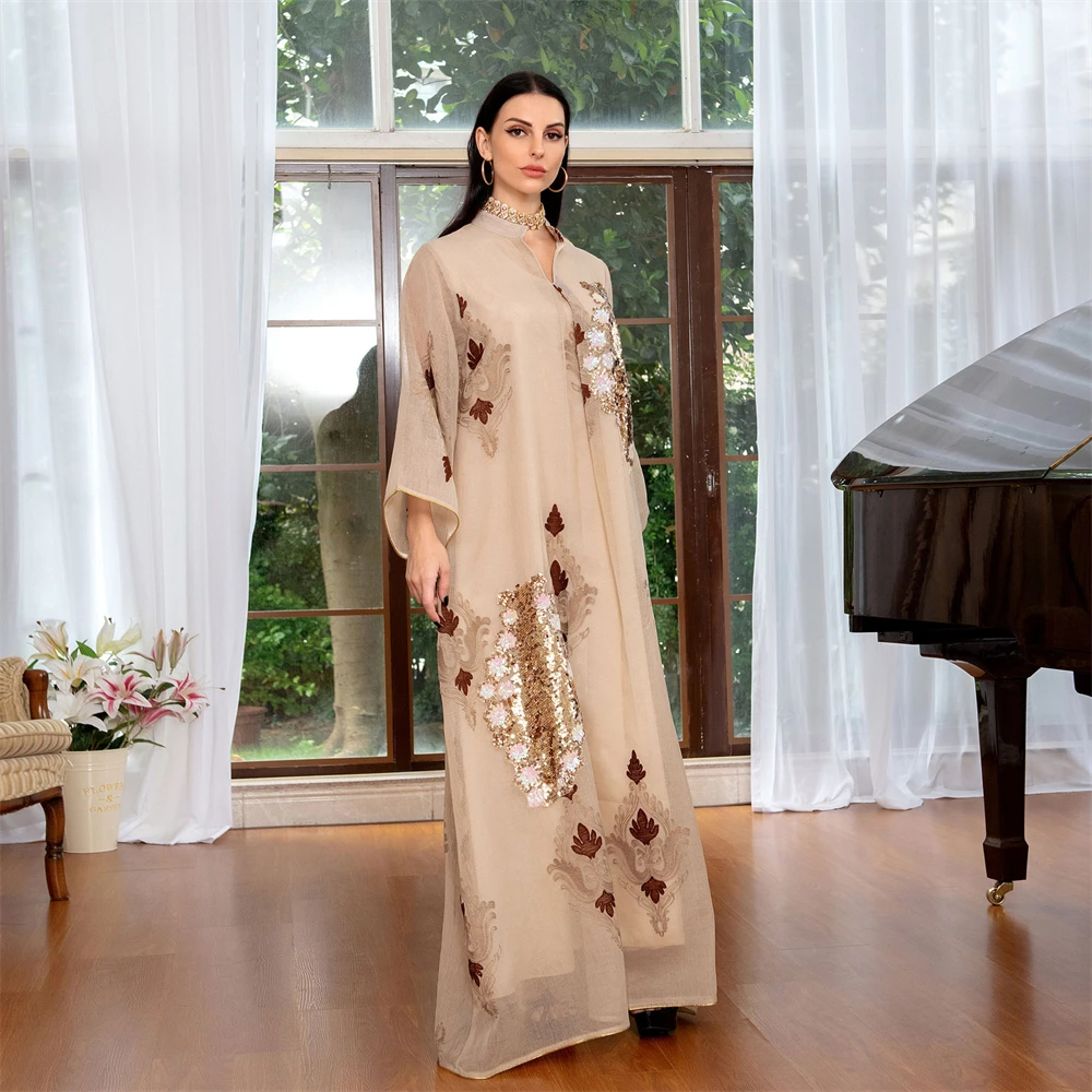 

Fashion Shiny Sequined Beading Muslim Dress Women's Fake Two Pieces Full Length Robe Middle East abayas