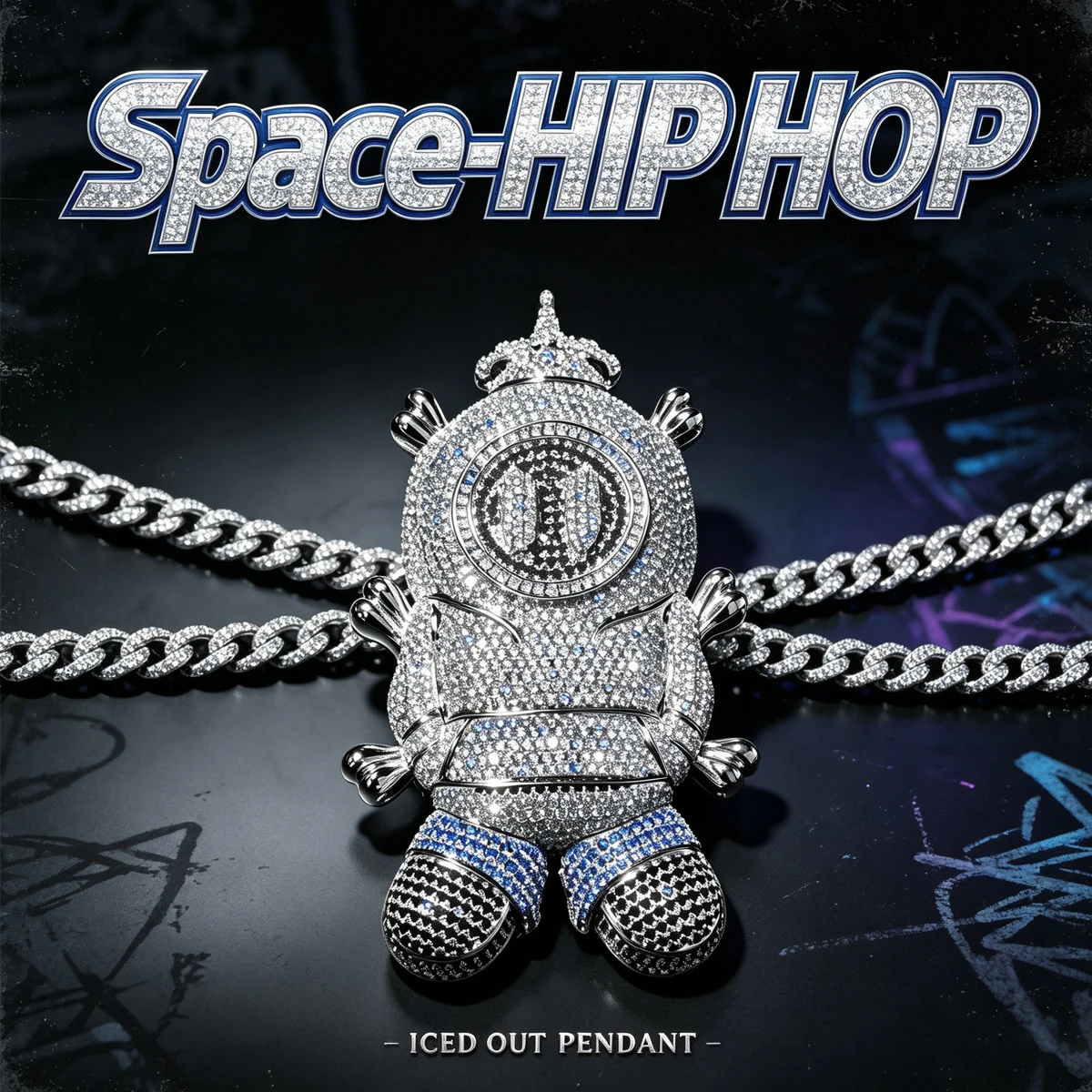 Iced Out Space Astronaut Cartoon Pendant Hip Hop Bling Zircon Jewelry 18K Gold Plated Crown Doll Charm Necklace For Men Rapper Street Cuban Chain Accessory Sparkling Full Micro‑Paved CZ Stone Unique Custom Fine Jewelry Gifts For Him Party Daily Wear