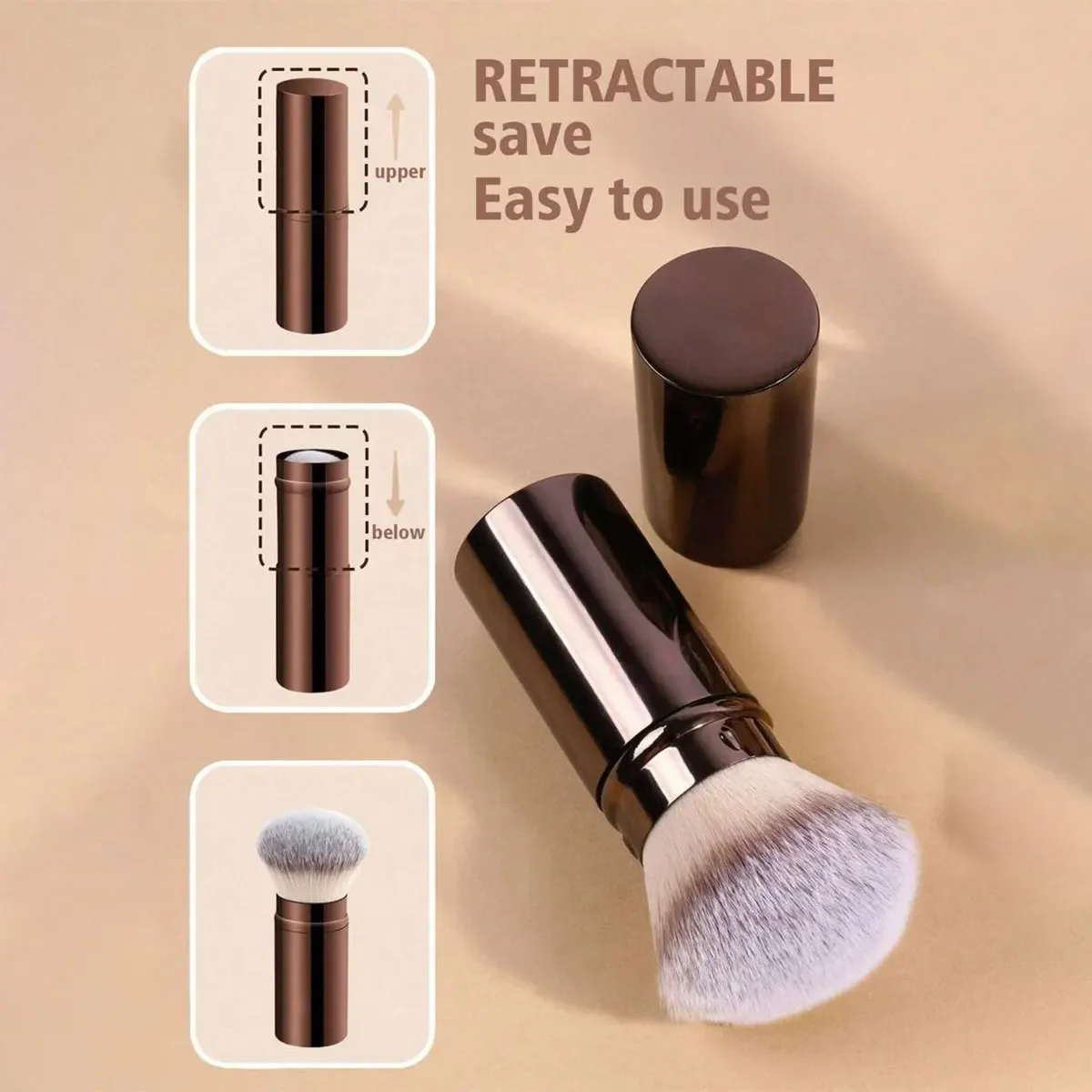 3pcs Makeup Brush Set Includes 2 Retractable Face Brushes + 1 Beauty Sponge Blender, Soft Synthetic Hair Foundation, Blusher, Po