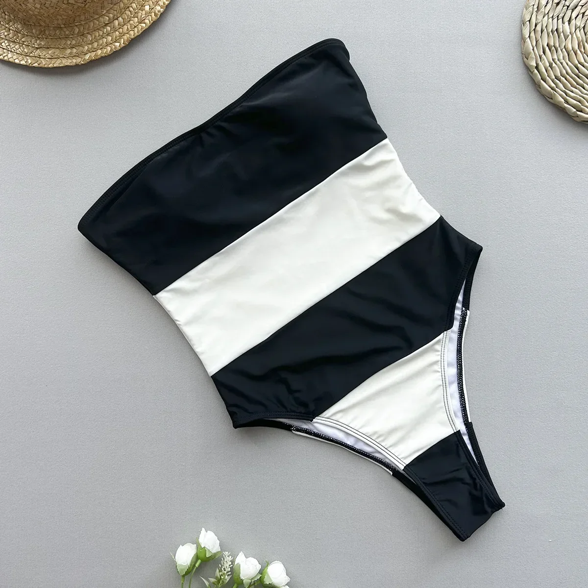 

sexy black white striped bandeau swimsuit one piece bikinis thong swimwear bodysuits women biquini bathing suits trikini tankini