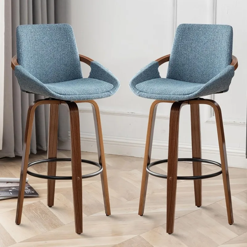 Retro moderno Bar Stools Set, meados do século Bar cadeiras, carvão vegetal cinza, olhar de linho, tecido estofado, 2 polegadas, 25,6 polegadas