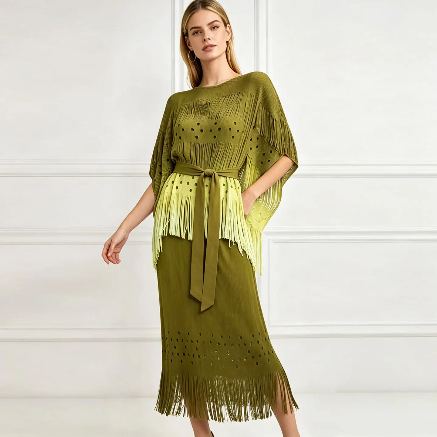 Pleated Two Piece Set Women Batwing Sleeve Fringe Tassel Belt Hollow Out Top High Waist Midi Skirt Bohemian Matching Outfits