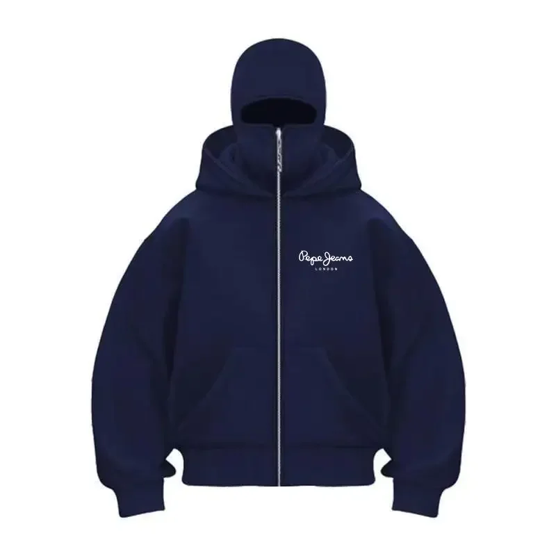Roupas esportivas masculinas com capuz com zíper, roupas esportivas quentes de inverno, casual Y2K, capuz de máscara, jaqueta com design de zíper, esportes ao ar livre ac