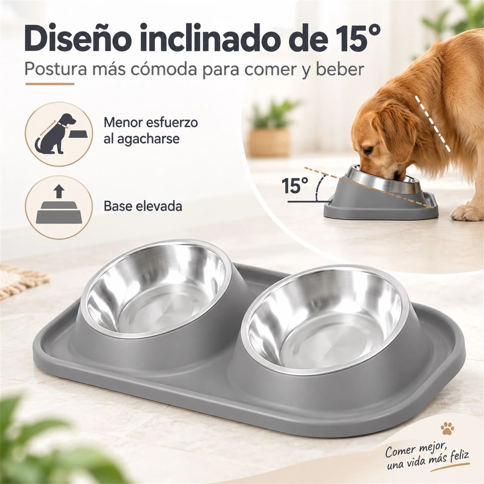 Comedero Doble para Perros y Gatos con Cuencos de Acero Inoxidable, Base Elevada con Inclinación de 15 Grados, Soporte de Plástico PP Antigoteo, Platos Desmontables para Mascotas