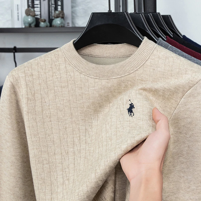 

Мужской осенне-зимний толстый вязаный базовый свитер с бархатной вставкой, повседневный свитер с круглым вырезом, приятный для кожи, модный базовый слой среднего возраста