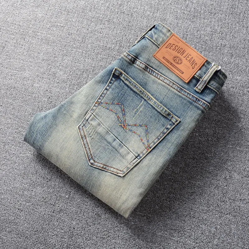 Newly Designer Fashion Men Jeans High Quality Retro Washed Blue Stretch Slim Fit Ripped Jeans Men Vintage Denim Pants Hombre