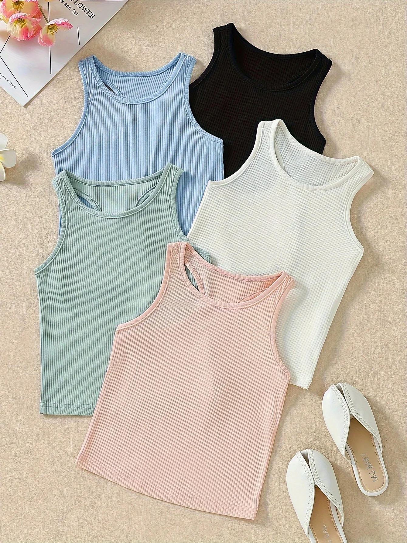 Summer new casual comfort simple generous knit girls 5-piece ribbed knit vest sets