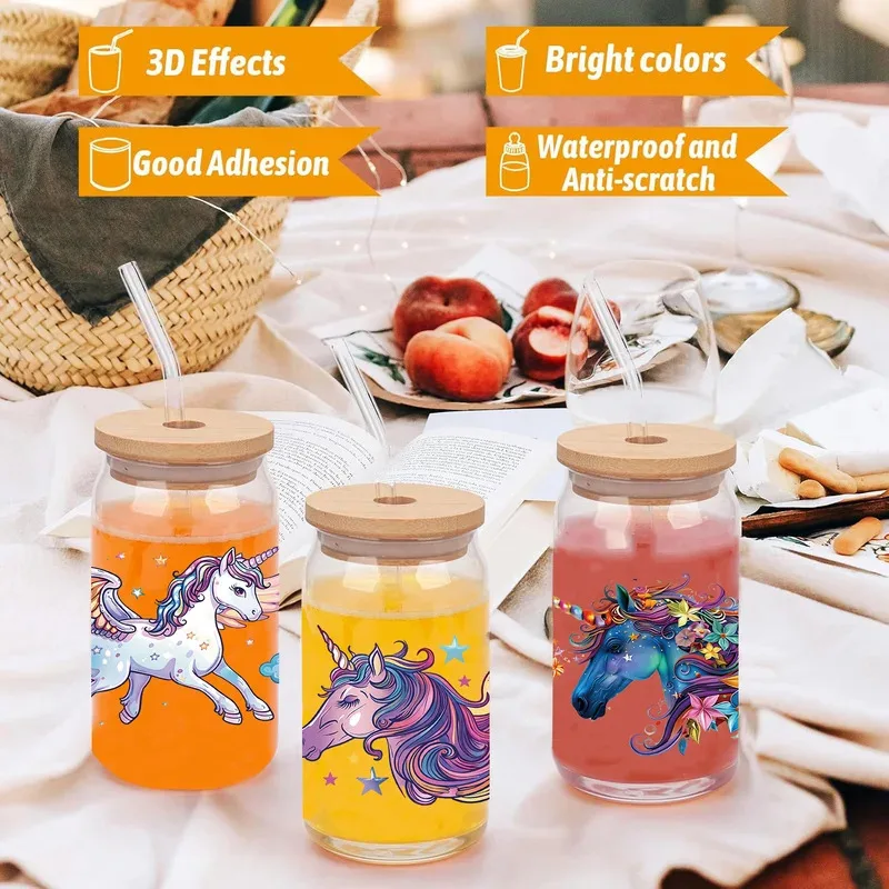 24 Style Cute Vibe Elegant and Pure Unicorn UV Party DIY Decals 3D transfers uvdtf tumbler seal stickers 16oz uv dtf cup wraps