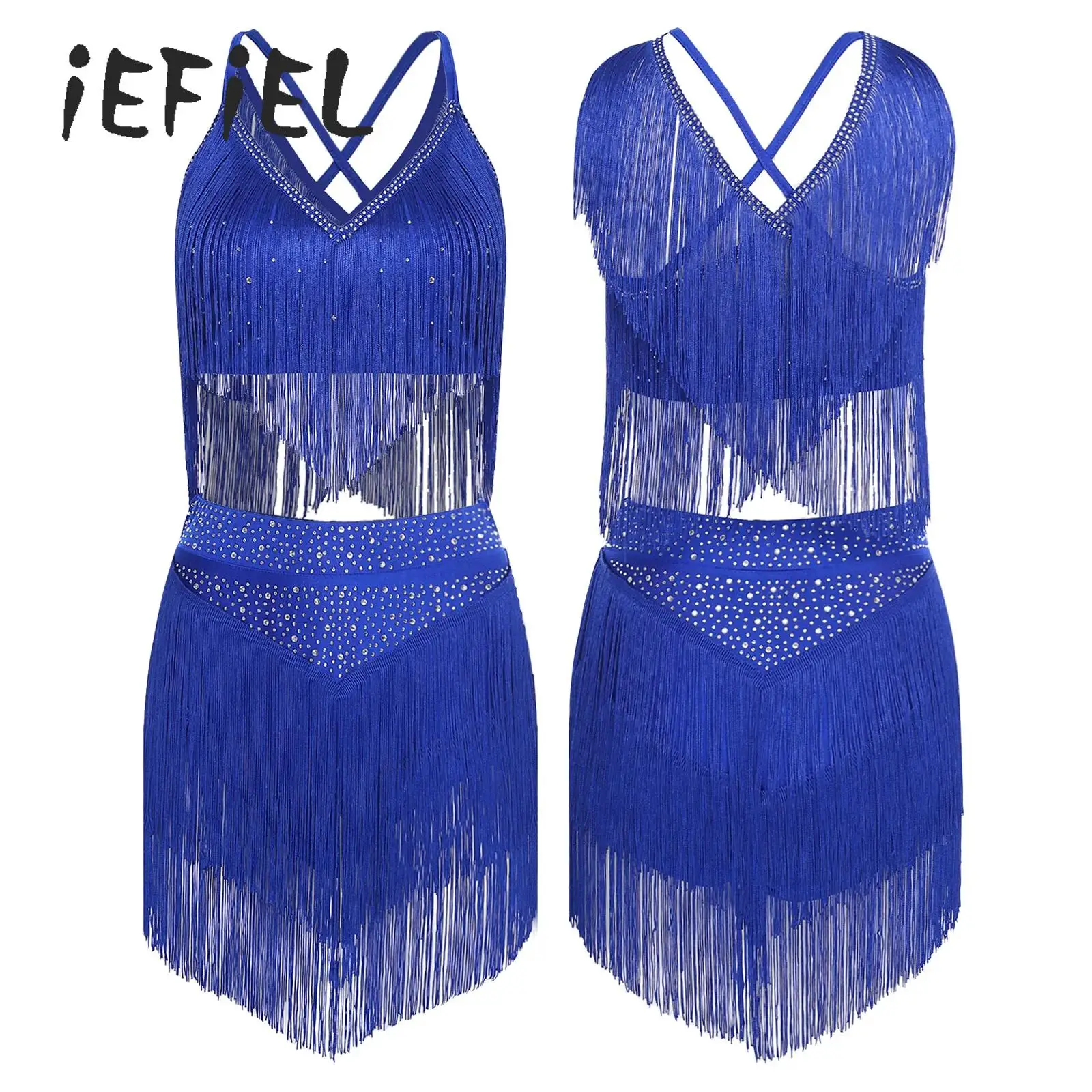 

Womens Tassel Latin Dance Set Rhinestone Fringed Crop Top with Skirt Tango Cha-Cha Salsa Skating Belly Dance Performance Costume