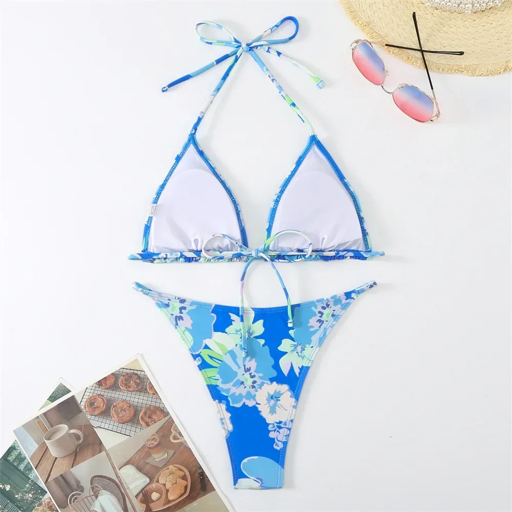 삼각형 문자열 비키니 꽃 프린트 Y2K 수영복은 등이없는 마이크로 수영복 끈 팬티 수영복 여성 비치 Mayo Tanga를 밀어