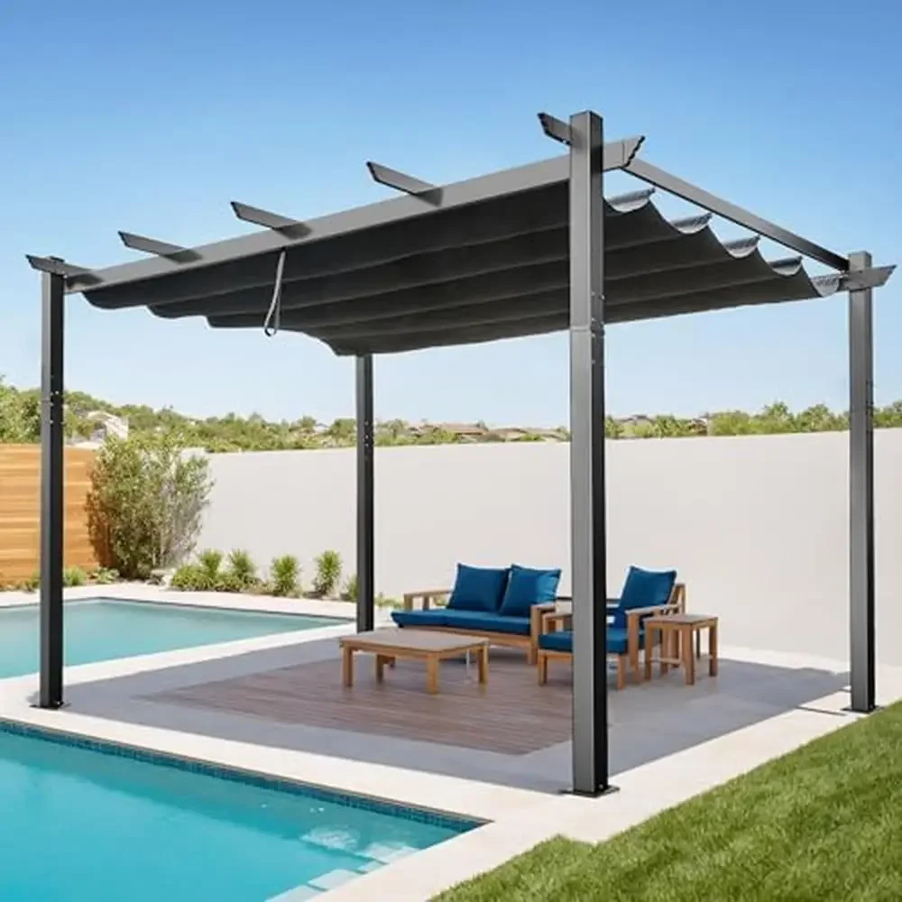 Retractable Pergola Kit with Sun Shade Canopy 10' X 13' Outdoor Shelter Garden Yard Deck Aluminum Frame UV-resistant Fabric