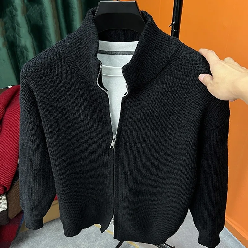 Versatile solid color zipper cardigan men's knitted sweater autumn and winter popular slim fit sweater jacket men's stand up col