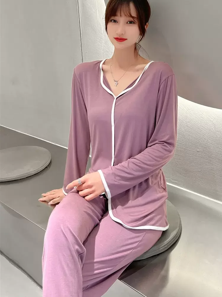 Pajama Sets Women Spring Autumn Sleepwear Simple Long Sleeve Homewear Pants Tender Breathable Fashion Comfortable Pijamas Mujer